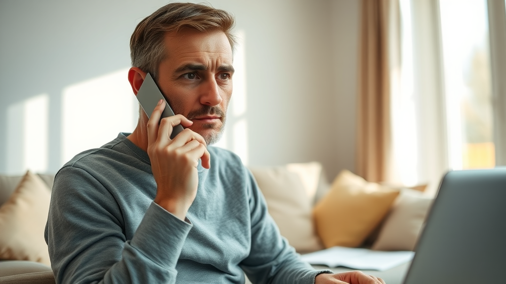 insurance negotiation injury case - Worried claimant on a phone call at home while reviewing documents related to a personal injury case