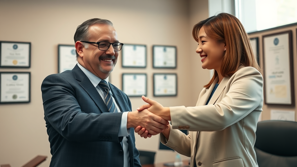 Client and attorney celebrate successful case outcome, emphasizing importance of hiring a personal injury lawyer