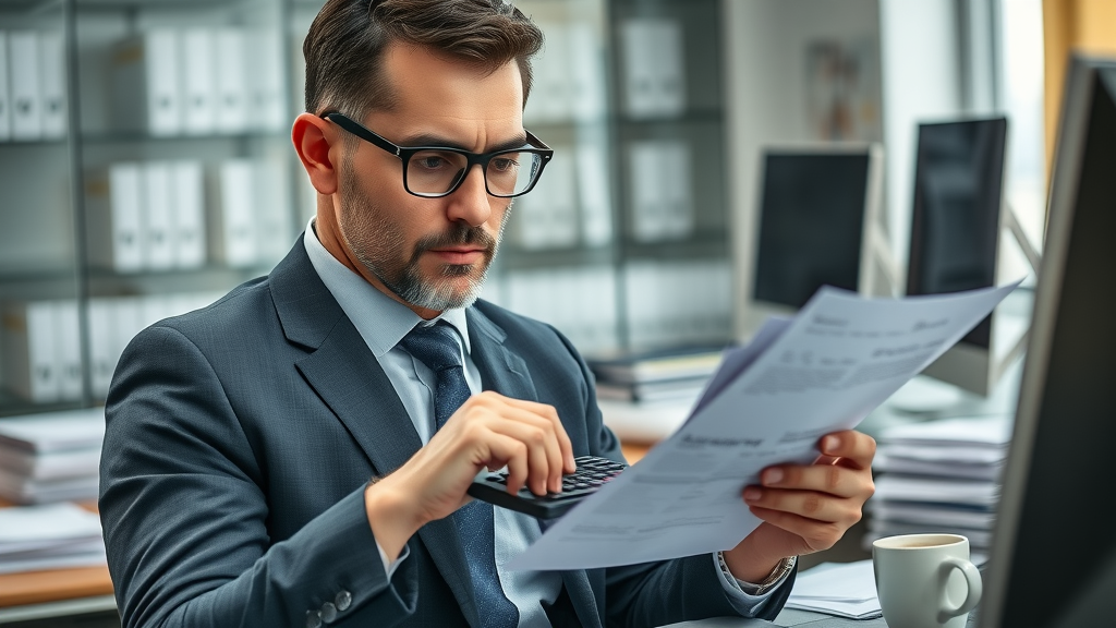Insurance negotiation injury case: Insurance adjuster reviews claim paperwork at a desk with calculator and files, assessing a personal injury claim.
