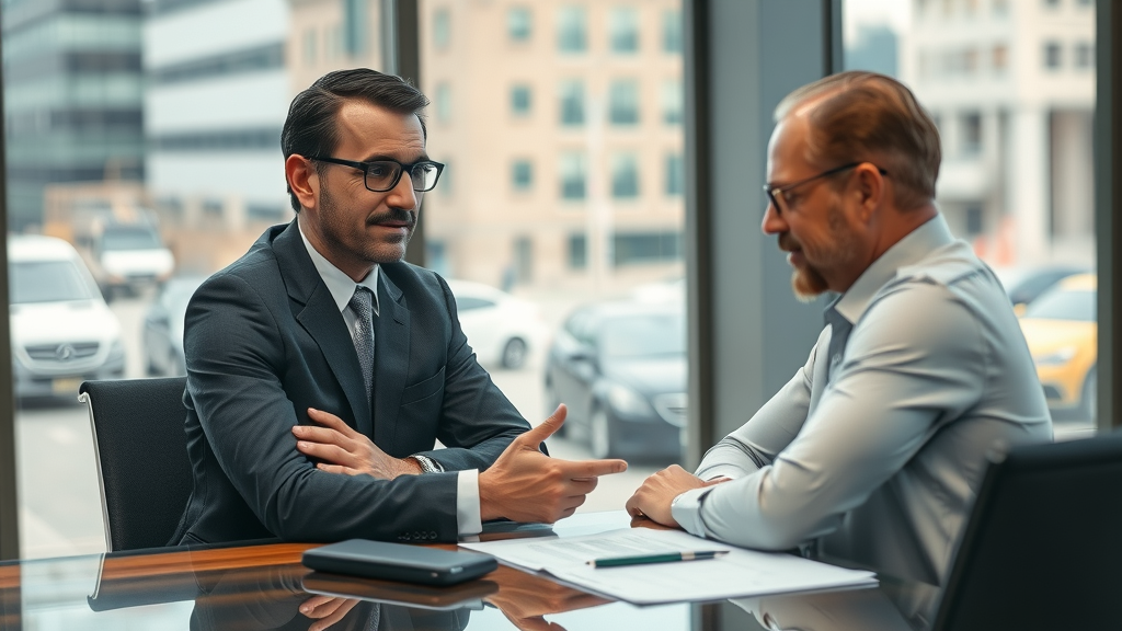 Personal injury lawyer consulting an injured client in a modern city law office, discussing when to hire personal injury lawyer