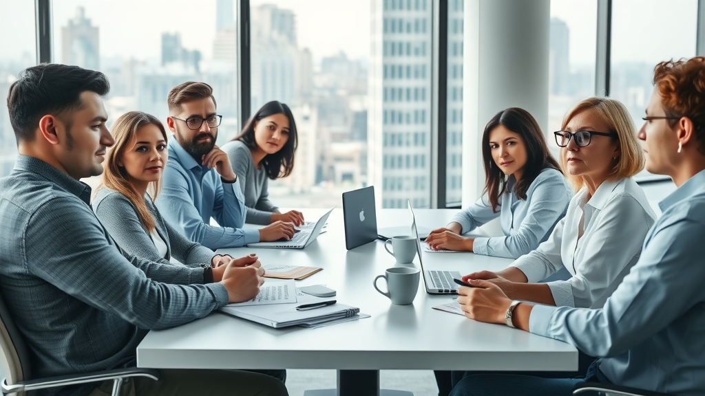 Insurance negotiation injury case: Insightful insurance negotiation meeting with a diverse group focused on documents in a modern office with city views.