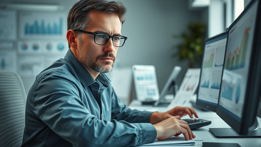 insurance adjuster workspace - Insurance adjuster reviewing settlement negotiation data and injury case files at a modern corporate office