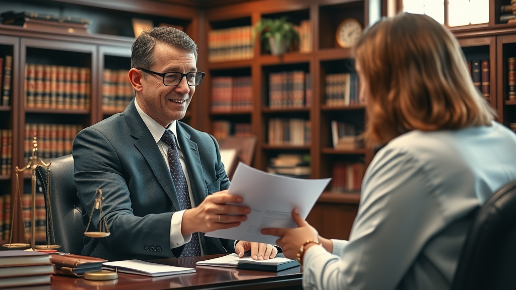 Insurance negotiation injury case: Experienced injury attorney consulting with a client in a welcoming law office, highlighting client-lawyer partnership.
