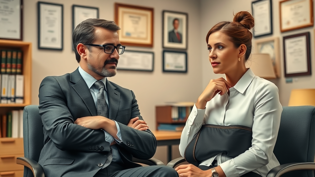 personal injury law - Authentic legal consultation with an injury lawyer and client discussing a personal injury case in a comfortable office
