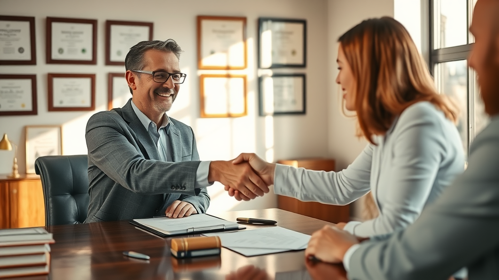 Insurance negotiation injury case: Balanced outcome showing person shaking hands with attorney after a successful negotiation for injury settlement.