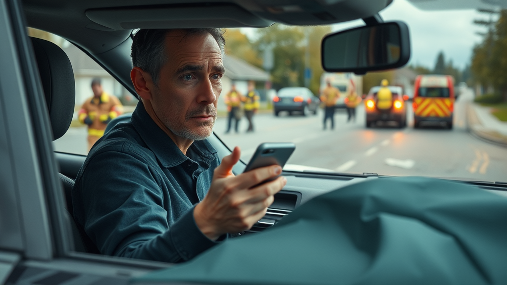 After a car accident scene, driver using phone, illustrating why timing matters in hiring a personal injury lawyer