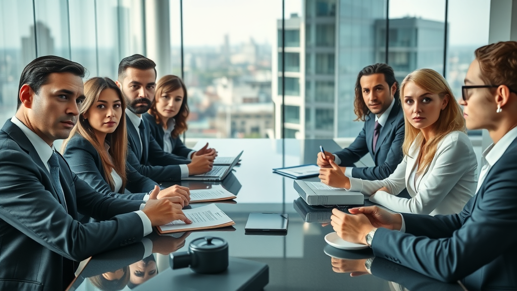 insurance negotiation injury case - Dramatic conference room negotiation with focused professionals discussing settlement in a modern office