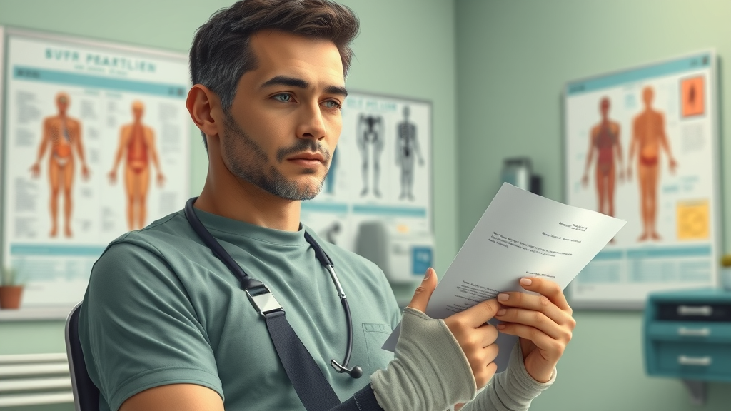 Insurance negotiation injury case: Detailed image of a person with arm cast holding medical documents in a medical exam room, relevant to a personal injury claim.