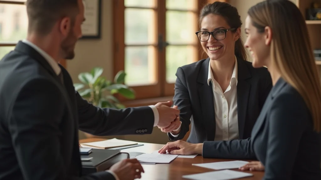 Confident personal injury lawyer shaking hands with a client in a bright legal office, diplomas and case files in background — injury law credibility best personal injury attorney