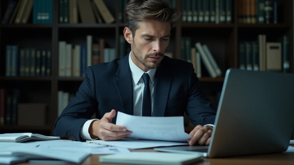 Thoughtful personal injury attorney analyzing case documents and medical evidence in a law firm library — injury law research process