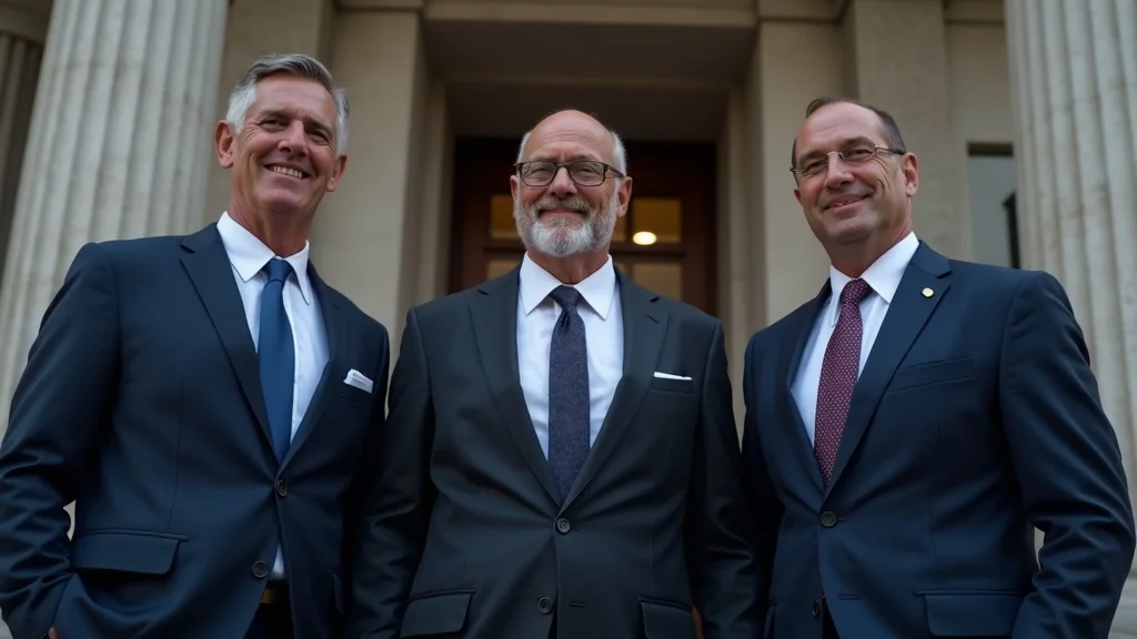 Victorious personal injury attorney team and happy clients standing together outside the courthouse, symbolizing successful injury law outcome
